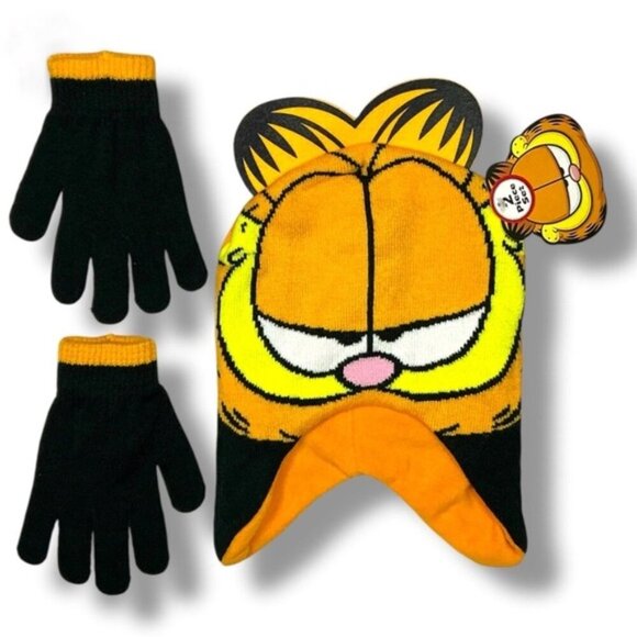 Garfield Other - Garfield Hat Gloves Knit Set Nickelodeon Black Orange NEW Unisex Kids One Size
